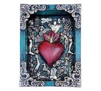 La CSA de Frida - Nicho Grande con Sagrado Corazón y Milagros, artesanía mexicana de madera, 15 x 11 x 3 cm, color azul