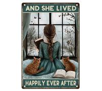 La Dama Y El Gato Y Ella Vivieron Felices Para Siempre Letrero De Metal Letrero De Estaño Vintage Carteles Para Biblioteca Cocina Baño 20X30cm