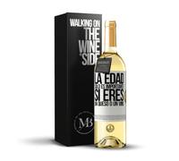 «La edad solo es importante si eres un queso o un vino» Mensaje en una Botella. Vino Blanco Premium Verdejo Joven + Gift Box. Etiqueta Blanca PERSONALIZABLE