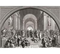 La Escuela de Atenas. La obra muestra a los mejores académicos de todas las disciplinas y épocas del mundo antiguo reunidos bajo un mismo techo. Después de un grabado del siglo XIX del artista inglés