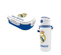 La Esencia C.F. Real Madrid Botella Sandwichera y Cubierto, Diseño Futbol Botella de Agua para Niños, Botella de Viaje Aluminio, Capacidad 600 ml