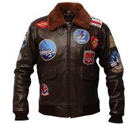 La Familie Clothing Tom Cruise Flight Men's Leather Jacket - Top Gun Bomber Leather Jacket Men - Chaqueta de cuero marrón - Removable Shearling Collar (FR/ES, Letras, XXL, Regular, Regular, Brown)
