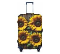 La funda protectora para maleta con diseño de girasol sobre tablones de madera es adecuada para equipaje de entre 18 y 32 pulgadas, Blanco, S