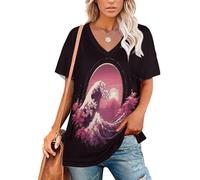 La Gran Ola Kanagawa Camisetas con Cuello En V para Mujer Tallas Grandes Sueltas Camisetas De Manga Corta Estilo Dibujos Animados Simple, Negro