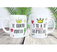 La Huella Taza personalizada. Pack de 2 tazas. Te quiero imbécil y yo a ti gilipollas. Ideal para todos esos que se quieren con lindezas verbales.