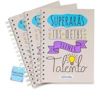 LA MENTE ES MARAVILLOSA - Cuadernos A5 con Espiral, Tapa Dura y Frase Motivacional | Superarás tus Metas, Tienes Talento | Pack de 3 Libretas con 100 Hojas de 90 g y Pegatinas (Diseño Talento)
