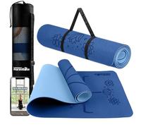 LA MENTE ES MARAVILLOSA - Esterilla de Yoga, Pilates y Fitness【E-Book, Bolsa y Correa de Hombro】Colchoneta Antideslizante TPE para Deportes, Gimnasio en Casa | 183x61 cm (Flores, Azul Oscuro/Claro)