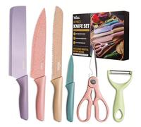 La Moustache - Cuchillos de Cocina Profesionales, Tijeras y Pelador【6 Piezas】 Set de Chef Antiadherente de Acero Inoxidable | Juego Ergonómico para Cortar Pan, Frutas, Verduras y Carnes (Multicolor)