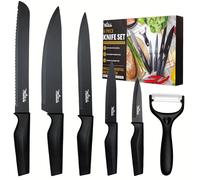 La Moustache - Cuchillos de Cocina Profesionales y Pelador【6 Piezas】 Set de Chef Antiadherente de Acero Inoxidable | Juego Ergonómico para Cortar Pan, Frutas, Verduras y Carnes (Negro)