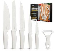 La Moustache - Cuchillos de Cocina Profesionales y Pelador【6 Piezas】 Set de Chef Antiadherente de Acero Inoxidable | Juego Ergonómico para Cortar Pan, Frutas, Verduras y Carnes (Latte)