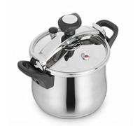 La olla a presión “Clásica” modelo OPC8 de Jata está fabricada en acero inoxidable y tiene un sistema de cierre progresivo mediante asa giratoria.