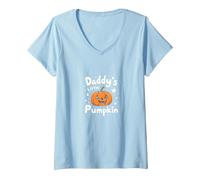 La pequeña Calabaza de papá: diversión Familiar de Halloween Camiseta Cuello V, Mujer, Azul Bebé, S