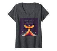 La recuperación es Posible Phoenix Rising Inspiración Camiseta Cuello V, Mujer, Jaspeado Oscuro, M