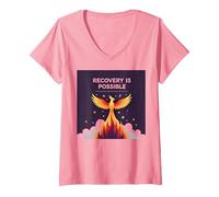 La recuperación es Posible Phoenix Rising Inspiración Camiseta Cuello V, Mujer, Rosado, M