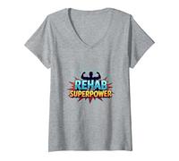 La rehabilitación es mi Fuerza de recuperación Motivacional de Superpotencia Camiseta Cuello V, Mujer, Gris Jaspeado, M
