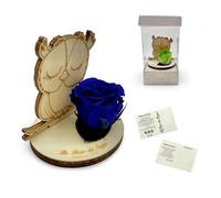 La Rosa dei Sogni Rosa estabilizada con búho de madera tallada a láser - Flor natural de larga duración, caja elegante - Made in Italy (azul)