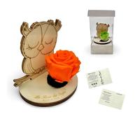 La Rosa dei Sogni Rosa estabilizada con búho de madera tallada a láser - Flor natural de larga duración, caja elegante - Made in Italy (naranja)