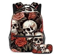 La rosa y el cráneo se mantienen a la moda y organizados con este juego de mochila escolar de 2 piezas para niños, niñas y adolescentes, tu mejor bolsa de viaje para libros, Multicolor#05,