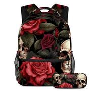 La rosa y el cráneo se mantienen a la moda y organizados con este juego de mochila escolar de 2 piezas para niños, niñas y adolescentes, tu mejor bolsa de viaje para libros, Multicolor#07,
