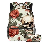La rosa y el cráneo se mantienen a la moda y organizados con este juego de mochila escolar de 2 piezas para niños, niñas y adolescentes, tu mejor bolsa de viaje para libros, Multicolor#01,