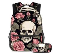 La rosa y el cráneo se mantienen a la moda y organizados con este juego de mochila escolar de 2 piezas para niños, niñas y adolescentes, tu mejor bolsa de viaje para libros, Multicolor#04,