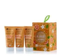 La Saponaria | Set de regalo de 3 piezas tamaño travel con gel de ducha, crema corporal y exfoliante corporal. Idea de regalo natural para Navidad o cumpleaños, productos ecológicos.