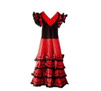 La Senorita Vestido Flamenco Sevillana Español Traje de Flamenca para niñas Rojo Negro Largo: 125 cm, 18-19 años