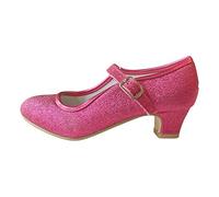 LA SEÑORITA Zapatos de Tacón Elsa Ana Frozen Princesa, Flamenco y Sevillanas para Niñas [Talla 24 a 37] Rosa Fuchsia Purpurina