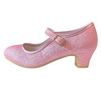 LA SEÑORITA Zapatos de Tacón Elsa Ana Frozen Princesa, Flamenco y Sevillanas para Niñas [Talla 24 a 37] Rosa Claro Purpurina