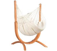 LA SIESTA Udine - Juego de hamaca de interior con soporte de madera independiente, tamaño doble, silla de algodón orgánico GOTS con soporte de madera de eucalipto certificado FSC, color latte