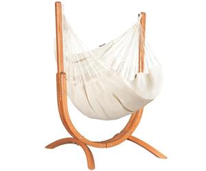 LA SIESTA Udine - Juego de hamaca de interior con soporte de madera independiente, tamaño doble, silla de algodón orgánico GOTS con soporte de madera de eucalipto certificado FSC, color latte