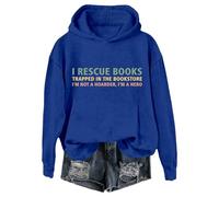 La sudadera con capucha cuenta con el eslogan I saved trapped books y el dicho I saved trapped books in the bookstore - I'm not a hoarder, I'm a hero., azul marino, M