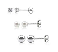 LA TRIADE STUDIO 3 PARES DE PENDIENTES MUJER PLATA 925 - PERLA, ZIRCONE, BOLA - EL TRIO PERFECTO PARA CADA OCASIÓN - ESTILO, LUZ, PERSONALIDAD