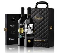 «La vida debería ser amarilla Amar y ya» Mensaje en una Botella. Estuche-Maletín de LUJO 2x Vino Tinto Premium Reserva 12 Meses y Set de 4 Accesorios. Etiqueta Negra PERSONALIZABLE