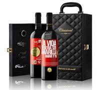 «La vida debería ser amarilla Amar y ya» Mensaje en una Botella. Estuche-Maletín de LUJO 2x Vino Tinto Premium Reserva 12 Meses y Set de 4 Accesorios. Etiqueta Roja PERSONALIZABLE