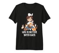La Vida es Mejor con Gatos Amante Hombre niño Gato papá Camiseta Premium