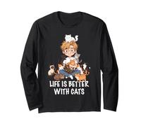La Vida es Mejor con Gatos Amante Hombre niño Gato papá Manga Larga