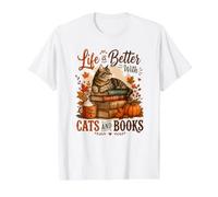 La Vida es Mejor con Gatos y Libros Lectura de otoño Camiseta gráfica económica, Hombre, Blanco, L