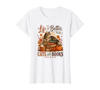 La Vida es Mejor con Gatos y Libros Lectura de otoño Camiseta gráfica económica, Mujer, Blanco, M