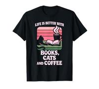 La Vida es Mejor con Libros y Gatos Leyendo Cat Cafe Library Camiseta