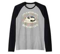 La Vida es Mejor con Libros y Gatos Leyendo Cat Cafe Library Camiseta Manga Raglan