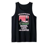 La Vida es Mejor con Libros y Gatos Leyendo Cat Cafe Library Camiseta sin Mangas