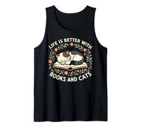 La Vida es Mejor con Libros y Gatos Leyendo Cat Cafe Library Camiseta sin Mangas