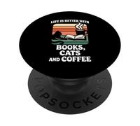 La Vida es Mejor con Libros y Gatos Leyendo Cat Cafe Library PopSockets PopGrip Adhesivo