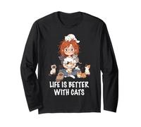La Vida es Mejor con los Gatos Amante Mujer Chica Gato Mamá Manga Larga