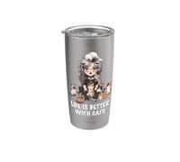 La vida es mejor con los gatos Amante Mujer Chica Gato Mamá Vaso térmico de acero inoxidable de doble pared