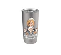 La vida es mejor con los gatos Amante Mujer Chica Gato Mamá Vaso térmico de acero inoxidable de doble pared