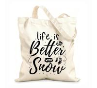 La vida es mejor con nieve, letras dibujadas a mano con citas invernales, diseños invernales Bolsas de lona con estampados personalizables Tela de 12 oz de grosor Combina con la ropa 31x36cm Mediano