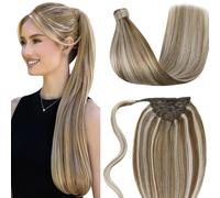 LaaVoo Cola de Cabello de Extensiones Marrón Ligero con Rubio Ligero Highlight Extensiones de Cabello Humano Verdad Extensiones Ponytail Rubia Natural Ligero 50cm/20Pulgadas 80g #P8/60