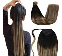 LaaVoo Coleta Pelo Extensiones Natural 40cm 80g Extensiones Balayage Cola de Caballo de Cabello Verdad Negro y Castano Meaclado Caramelo Rubio Extensiones y Clip Ponytail Easy Fit #1b/4/27